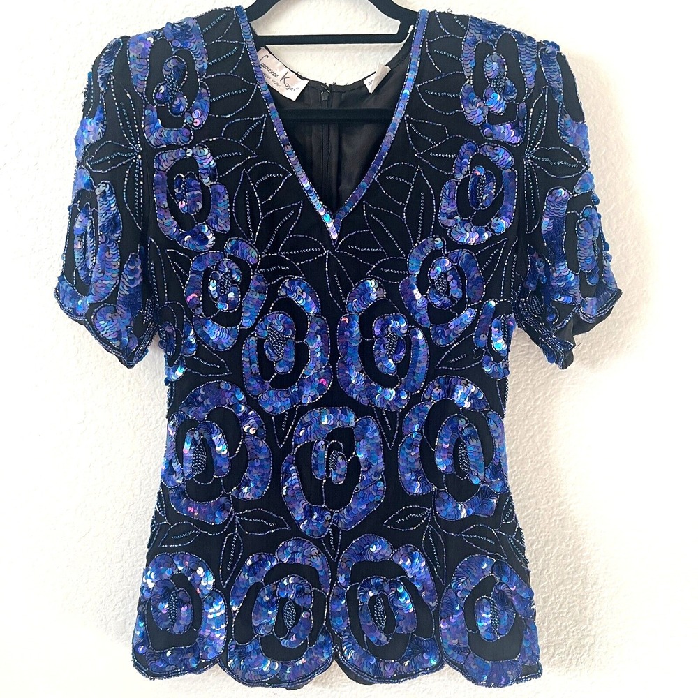Vtg 80s Laurence Kazar Sz S 100% Silk Beaded‎ Sequin Top Black Party Glam Event